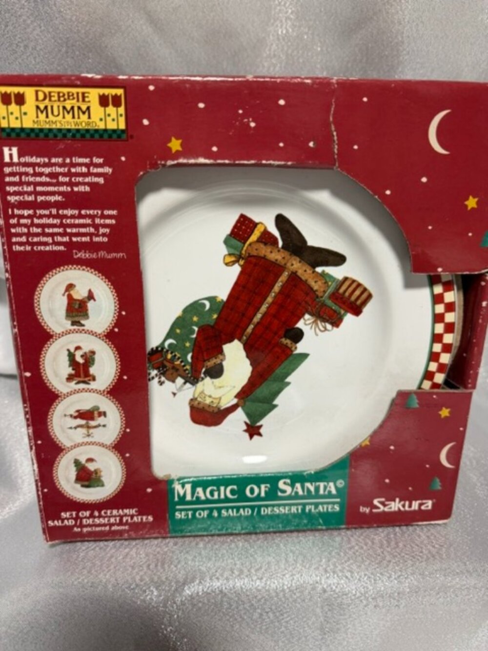 NIB 1998 DEBBIE MUMM SAKURA MAGIC OF SANTA 8" SALAD DESSERT PLATES - SET OF 4